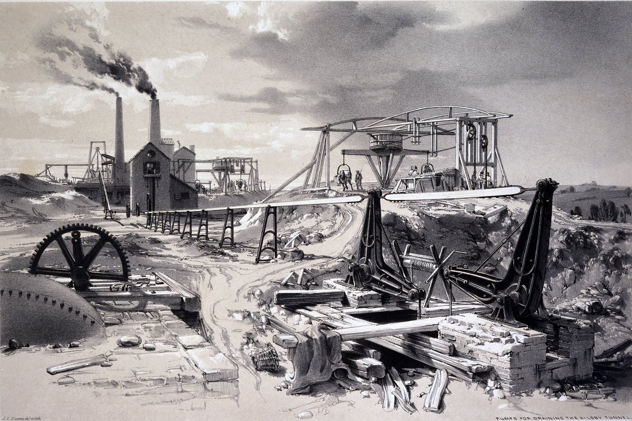 Pumper, ventilationsskakt, Kilsby Tunnel, Northamptonshire, 15. juli 1837 (pen & blæk og vask på papir) af John Cooke Bourne