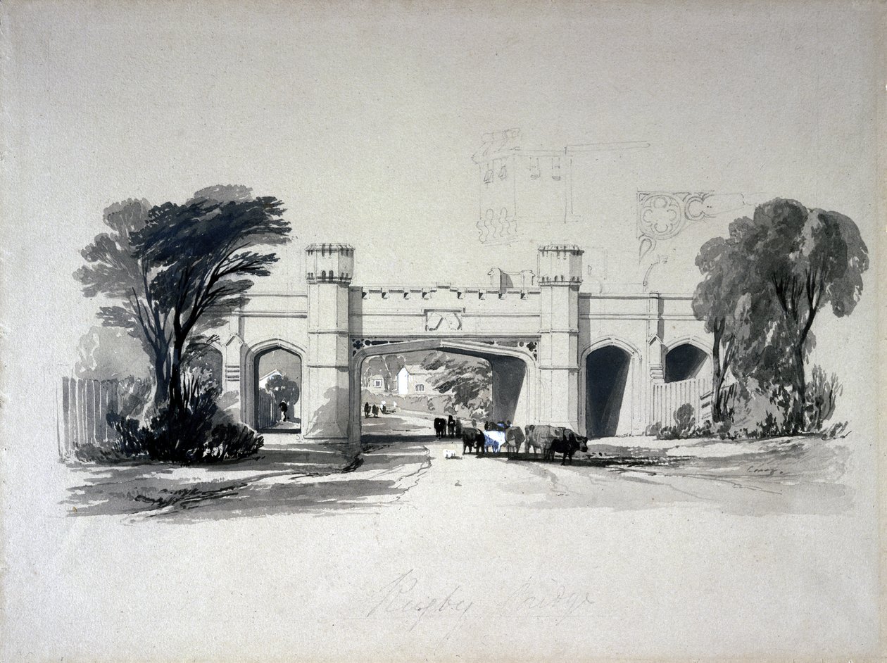 Rugby-jernbanebroer set fra vejen, Warwickshire, april 1839 (pen & blæk og vask på papir) af John Cooke Bourne
