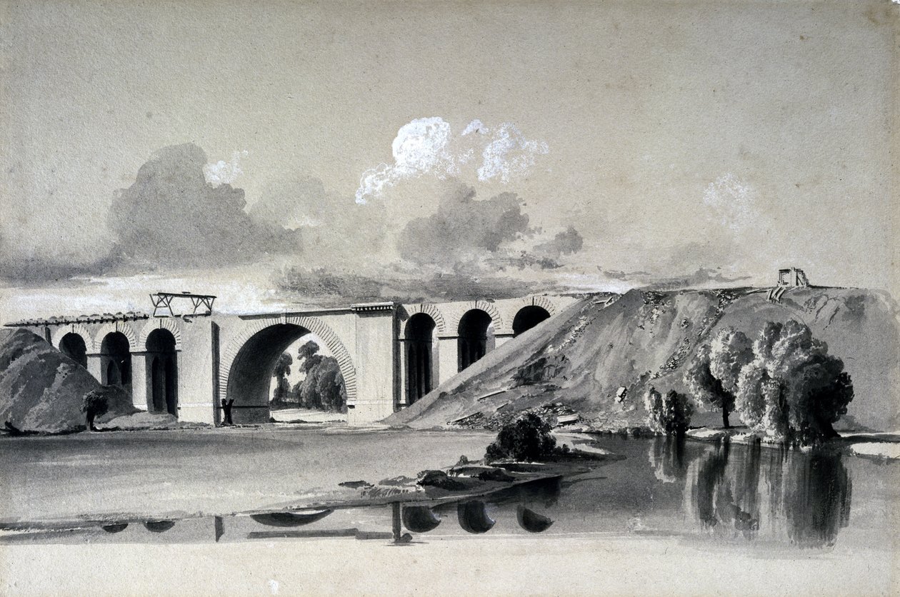 Sherbourne Viaduct, nær Coventry, 27. juli 1837 (pen & blæk og vask på papir) af John Cooke Bourne