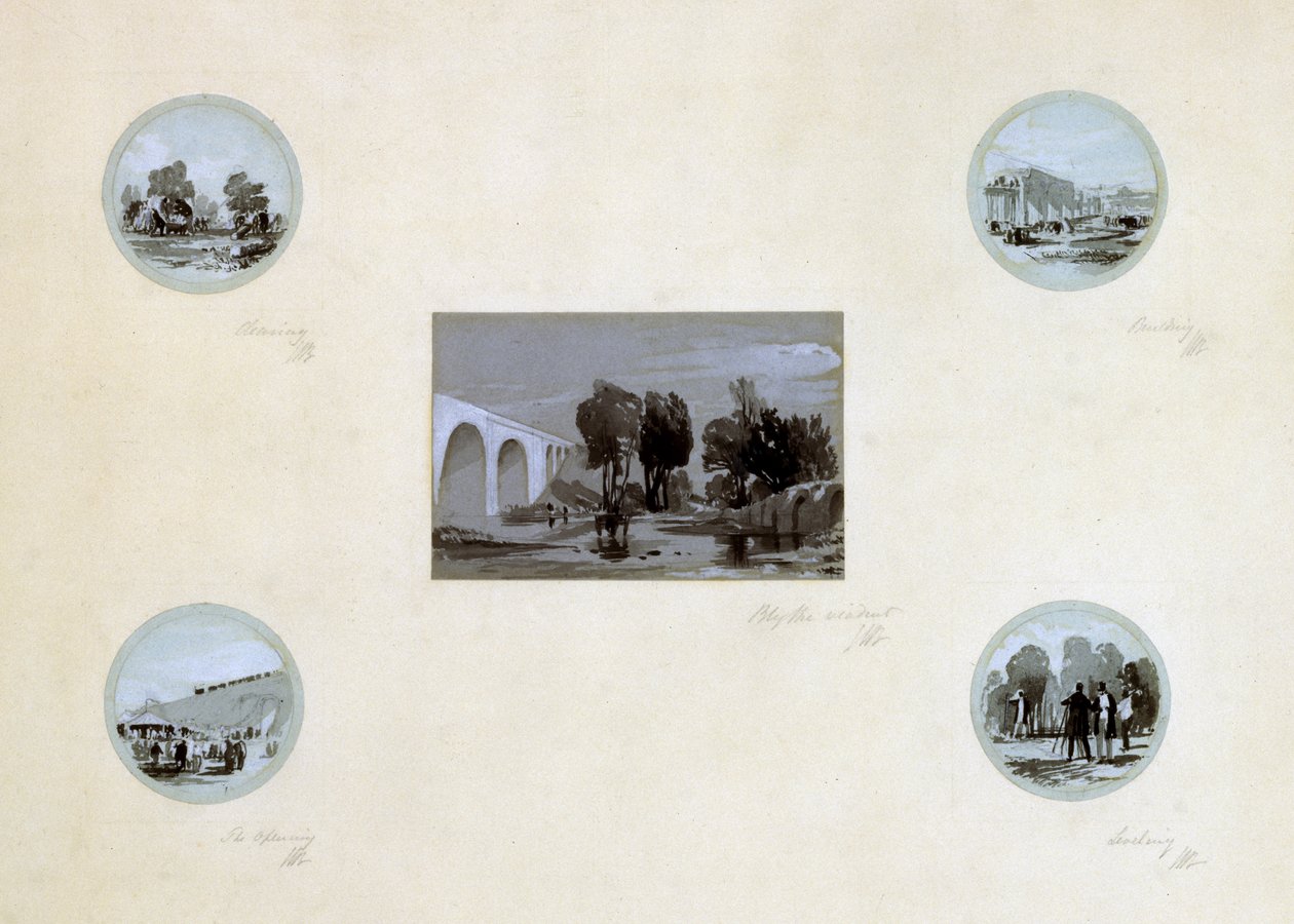 Rengøring, bygning, nivellering og åbning af LBR, c.1838 (pen & blæk og vask på papir) af John Cooke Bourne