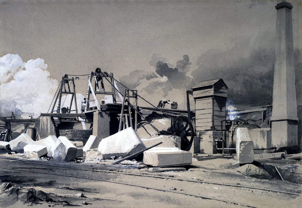 Ventilationsaksel og opviklingsmotor, Kilsby Tunnel, 18. juli 1837 (pen & ind og vask på papir) af John Cooke Bourne