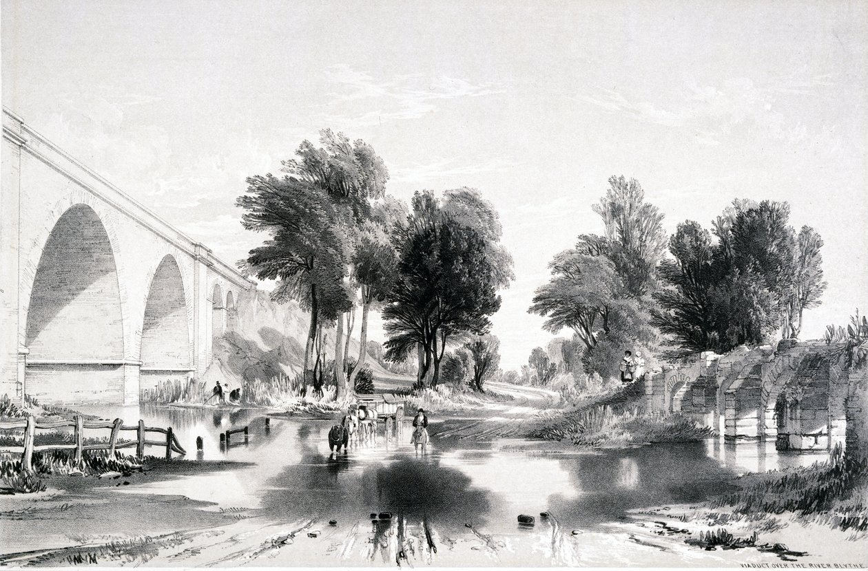 Viadukt over floden Blythe, London & Birmingham Railway, 1839 af John Cooke Bourne
