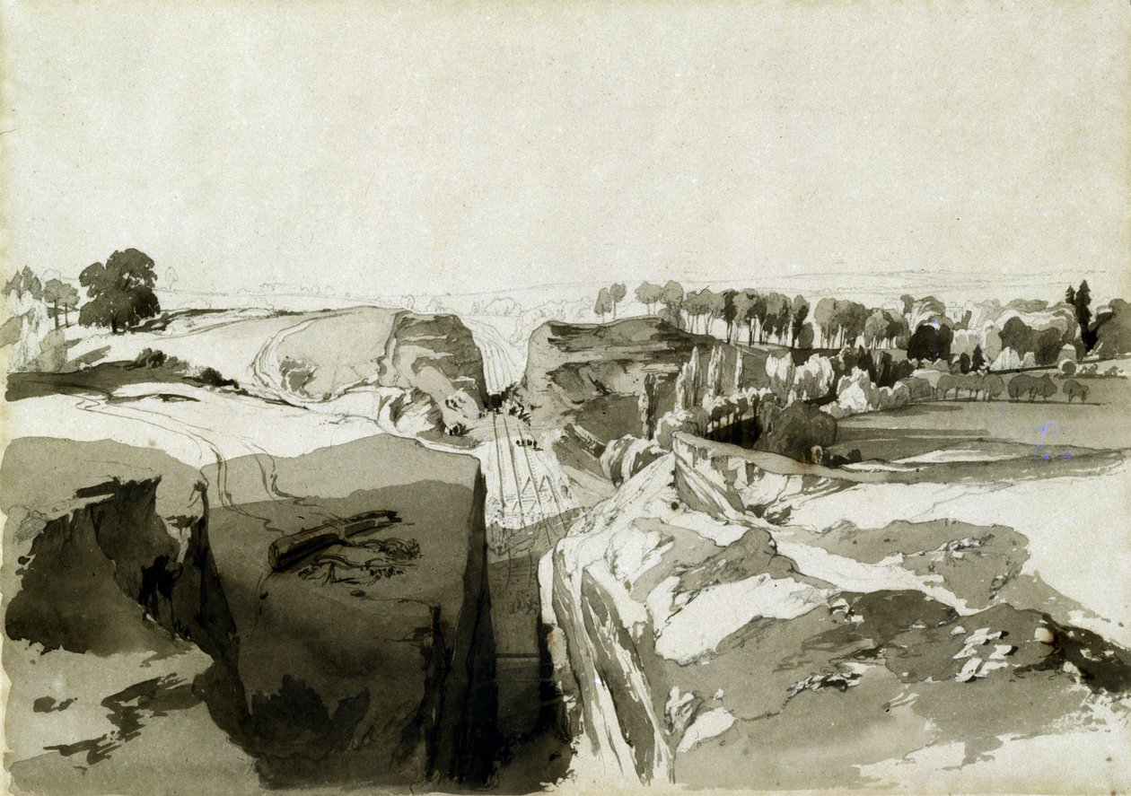 Udsigt fra toppen af tunnelen, Linslade, Buckinghamshire, 12. oktober 1837 (pen & blæk og vask på papir) af John Cooke Bourne