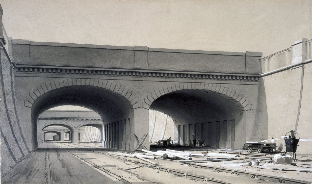 Udsigt nær Euston Station med tre overbroer, september 1837 (pen & blæk og vask på papir) af John Cooke Bourne