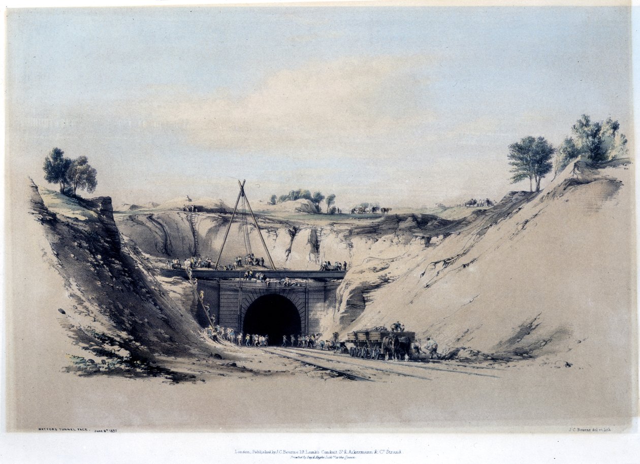 Watford Tunnel, Hertfordshire, 6. juni 1837 (farve lith) af John Cooke Bourne