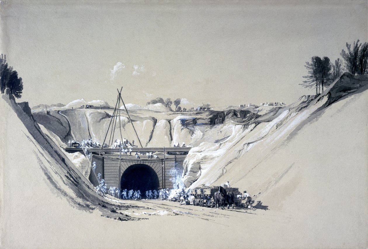 Watford Tunnel, Hertfordshire, 6. juni 1837 (pen & blæk og vask på papir) af John Cooke Bourne