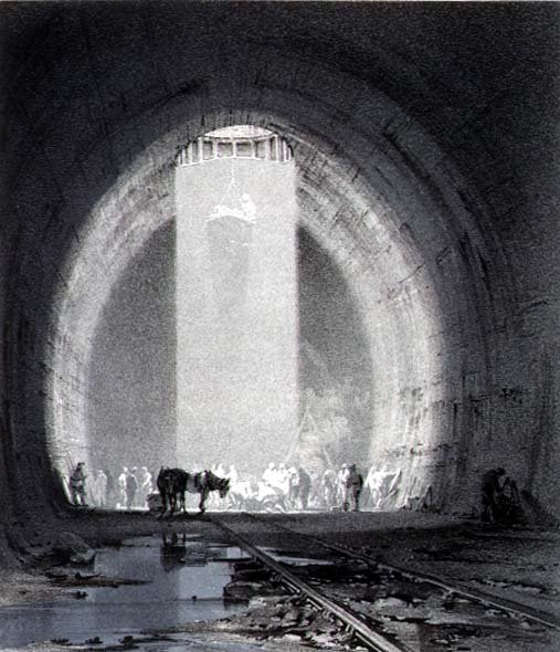Working Shaft, Kilsby Tunnel, 8. juli 1837, indgraveret af kunstneren af John Cooke Bourne