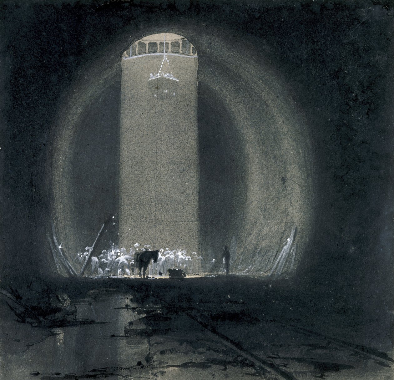 Working shaft, Kilsby Tunnel, Northamptonshire, 8. juli 1837 (pen & blæk og vask på papir) af John Cooke Bourne