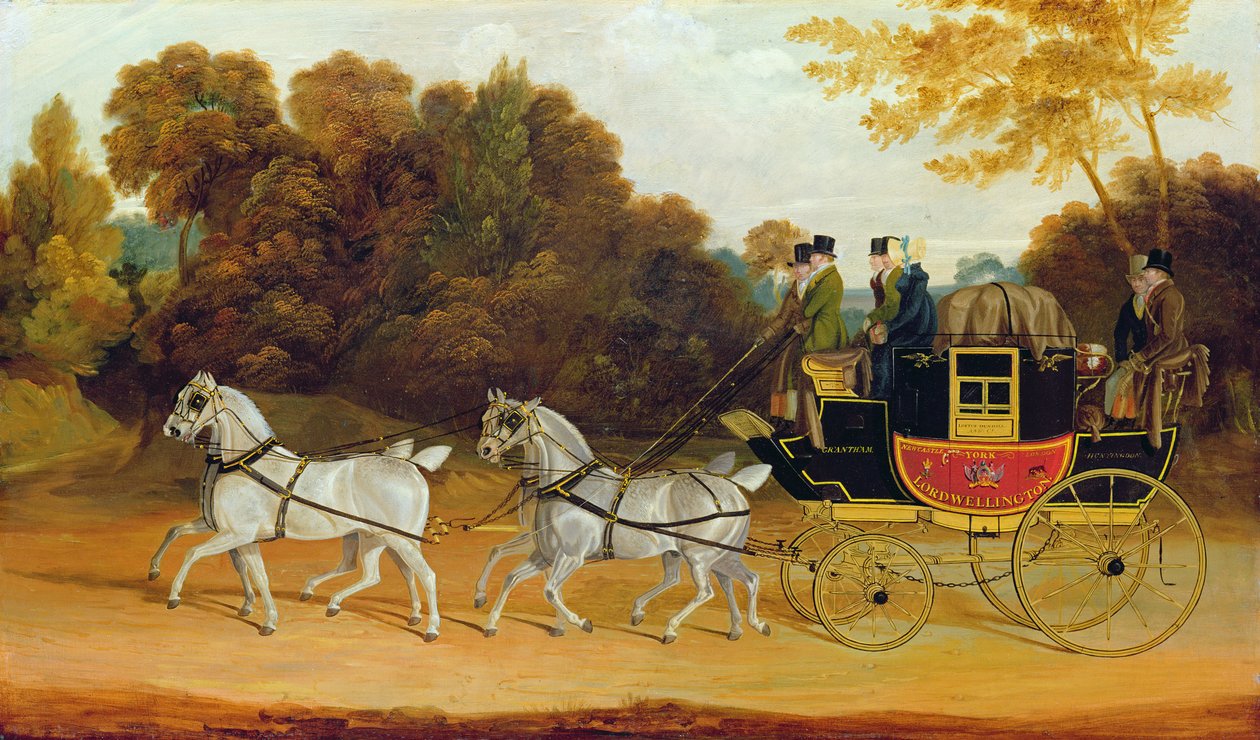 "The Wellington Coach" (The Newcastle-York-London Mail), ca. 1818 (olie på panel) af John Cordrey