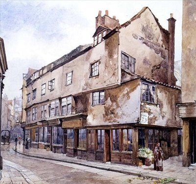 Cloth Fair, Smithfield, med blomstersælger, februar 1884 (akvarel) af John Crowther