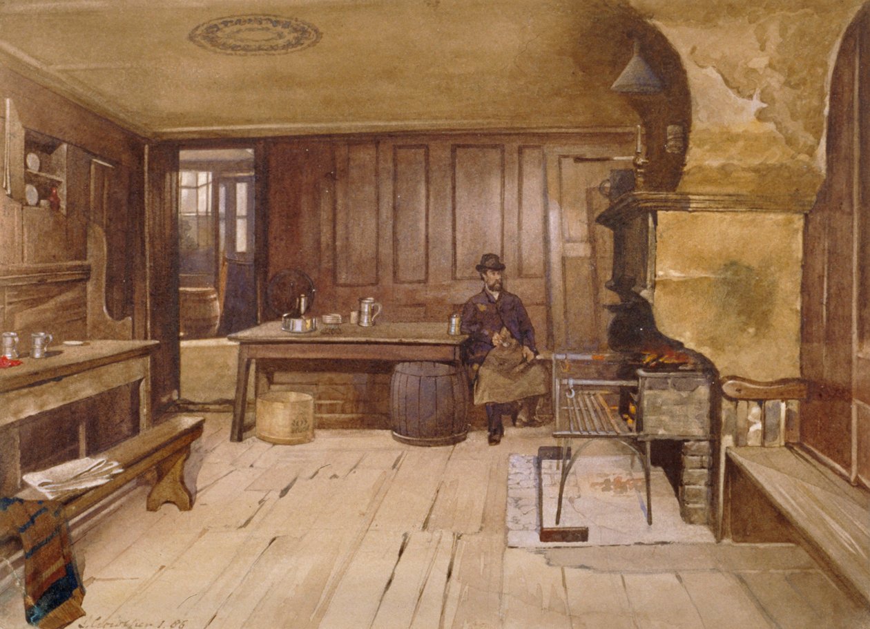 Interiøret i hanerummet i Sieve public house, Church Street, Minories, London, 1885 af John Crowther