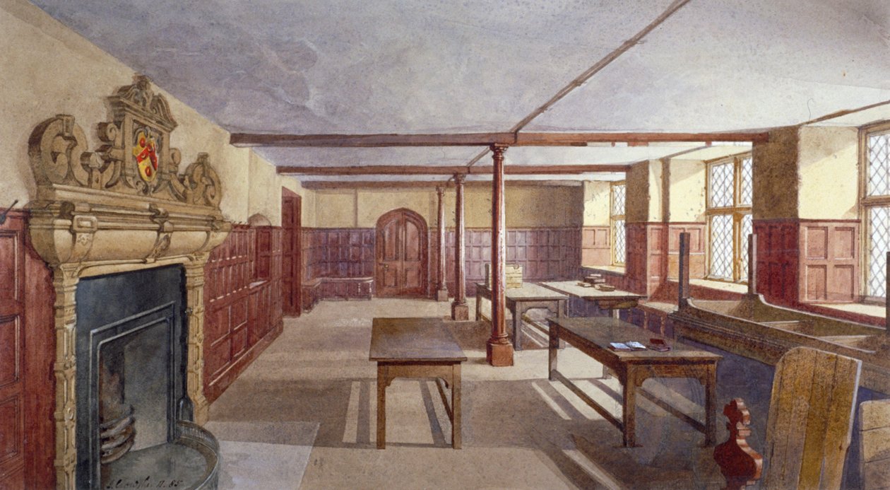 Indvendig udsigt af drengenes spisestue i Charterhouse, London, 1885. af John Crowther