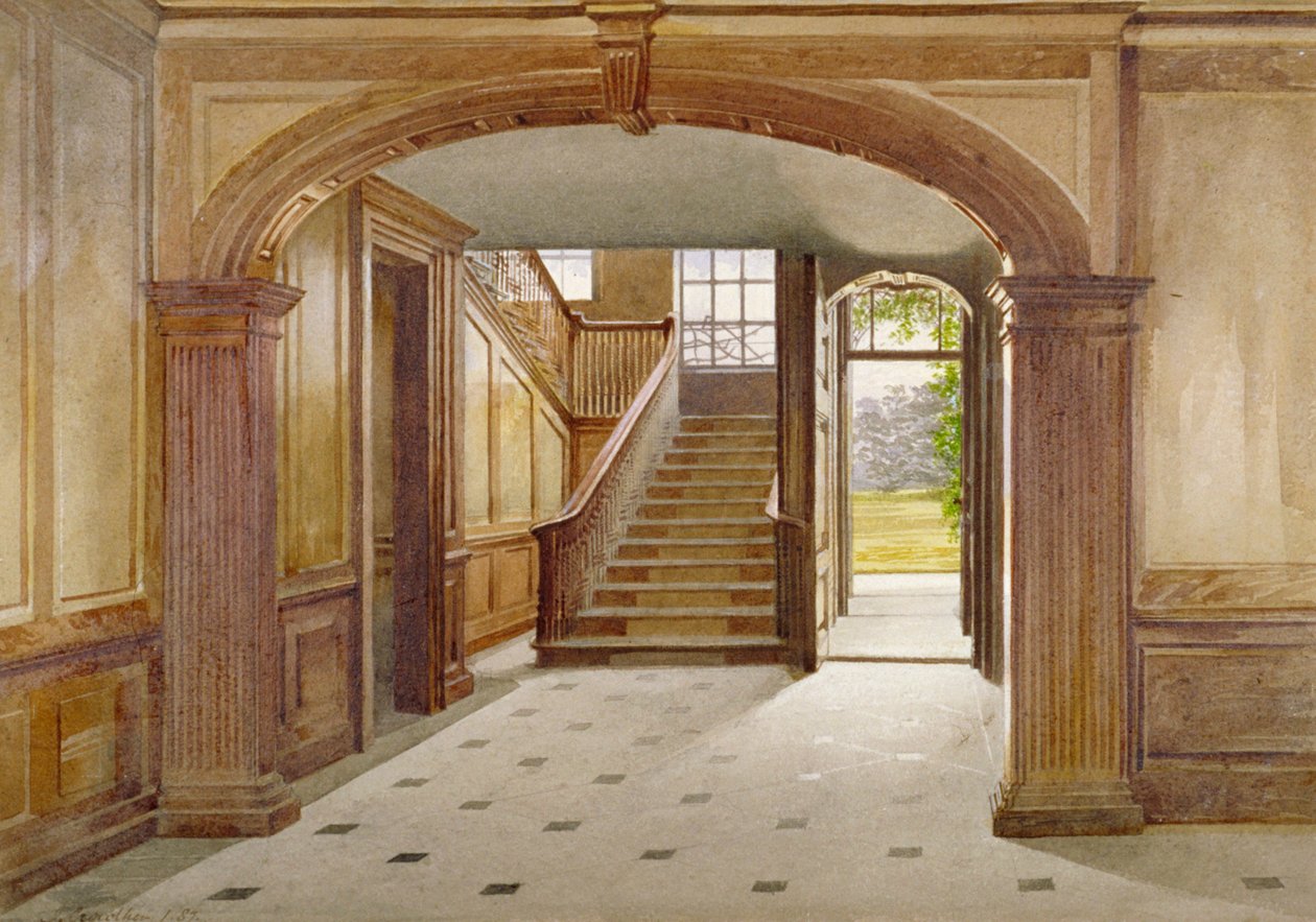Indvendig visning viser trappen ved Fairfax House, High Street, Putney, London, 1887 af John Crowther