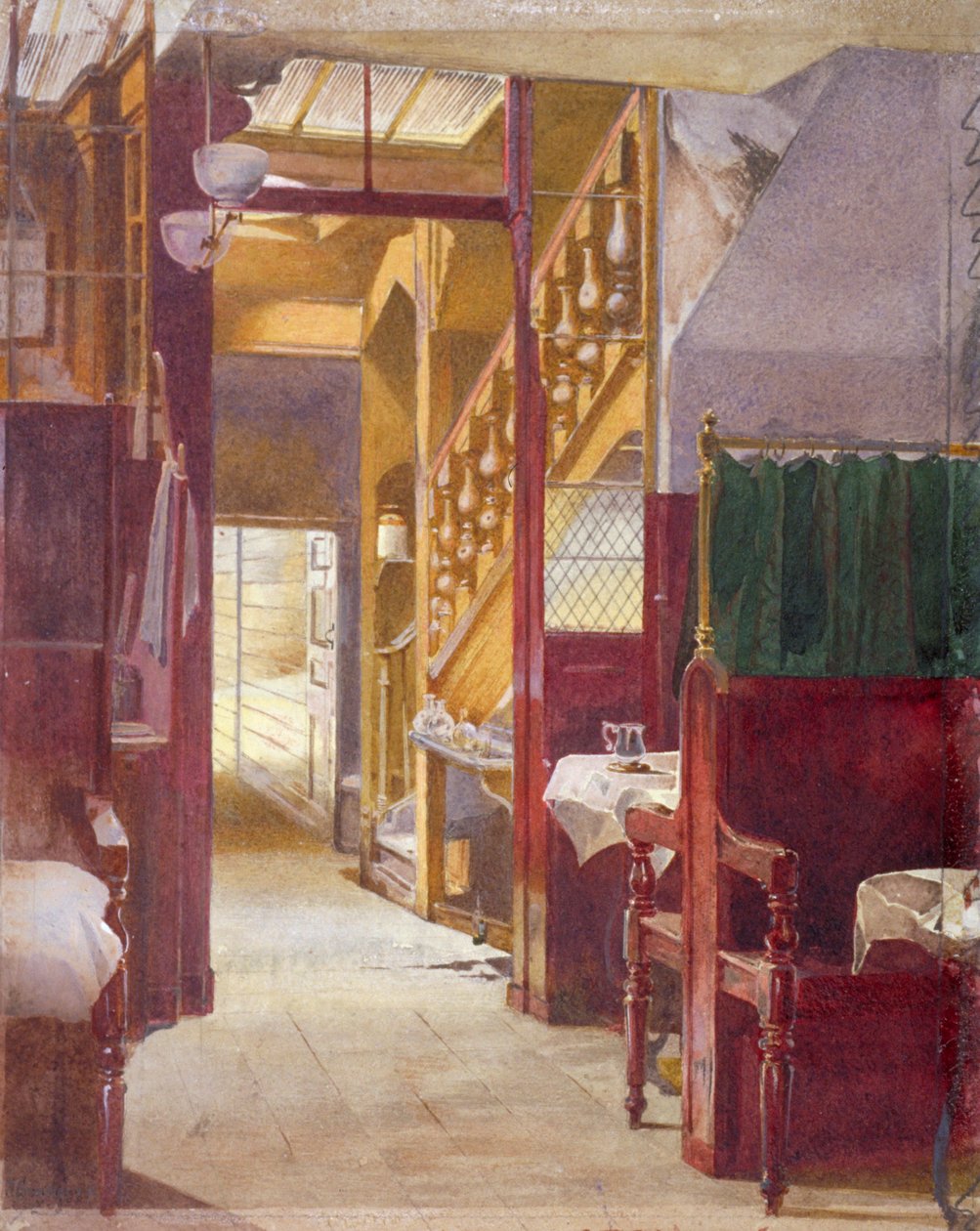 Indvendig visning viser trappen på Cock Tavern, Fleet Street, City of London, 1881 af John Crowther