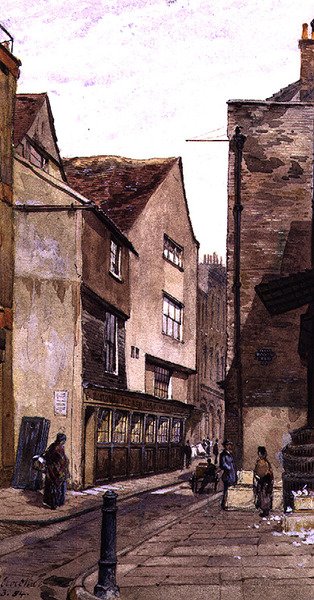 King Street: nær Aldgate, marts 1884 (akvarel) af John Crowther