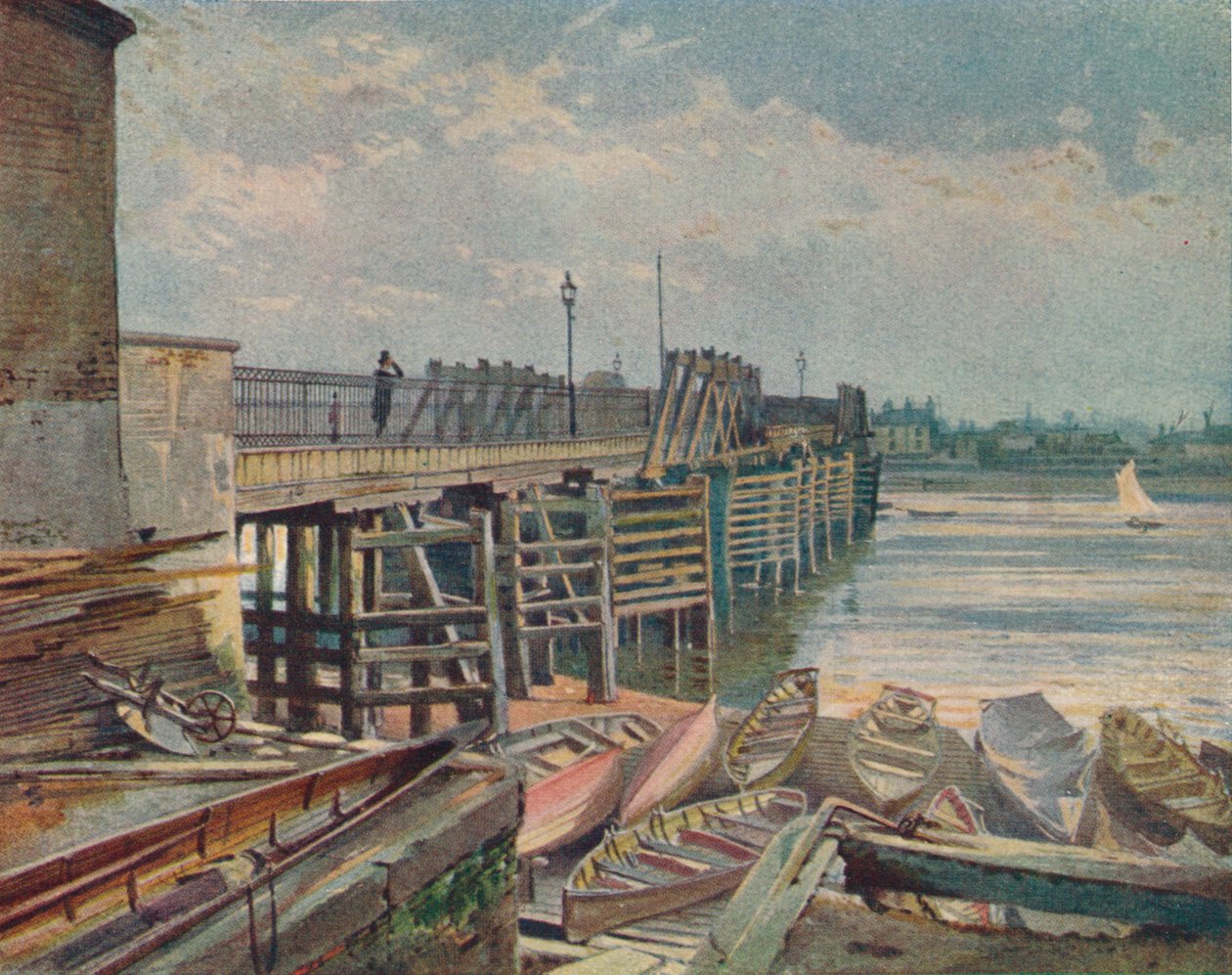 Old Battersea Bridge, fra North Bank, ser over Themsen, London, 1885 1926 af John Crowther