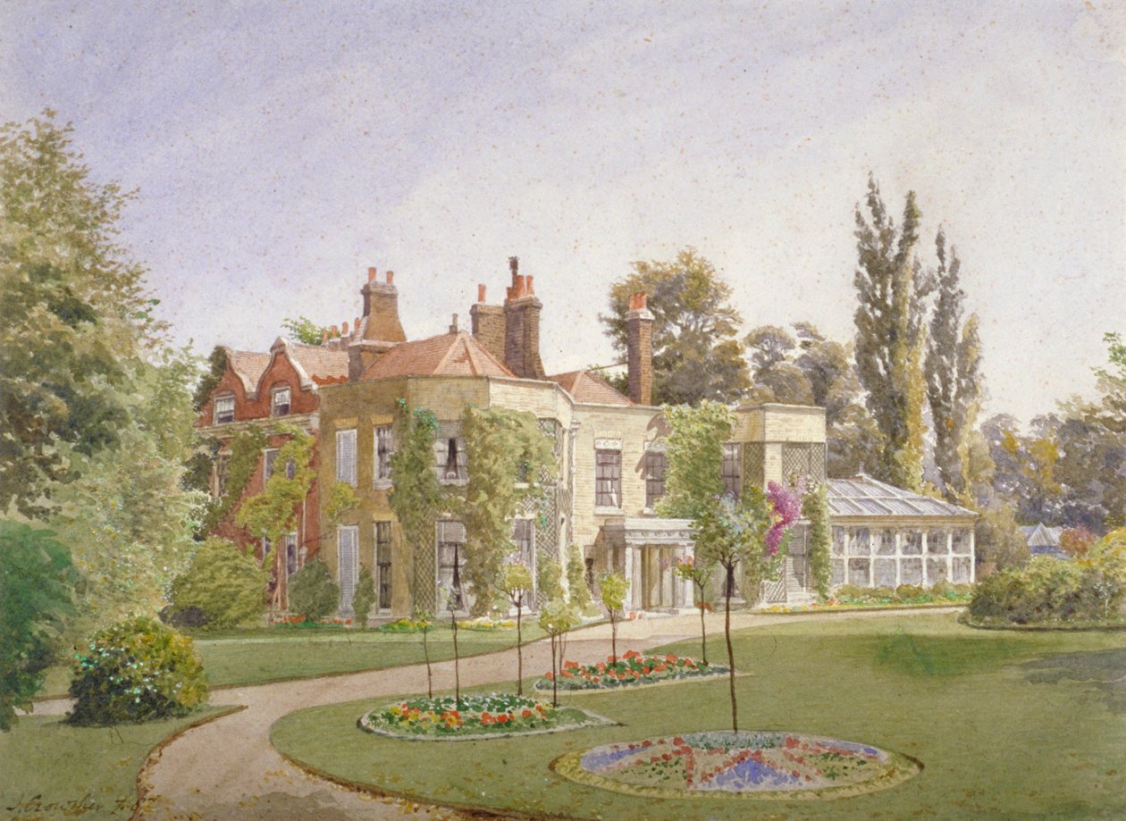 Den forreste indgang og haven ved Raleigh House, Brixton Hill, Lambeth, London, 1887 af John Crowther