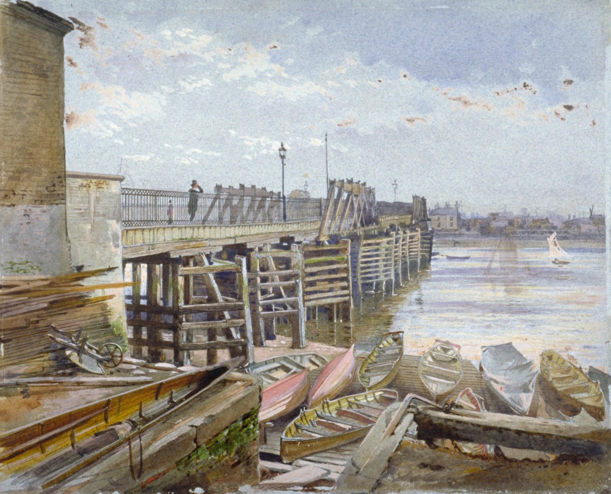 Udsigt over Battersea Bridge med udsigt over Themsen, London, 1885 af John Crowther