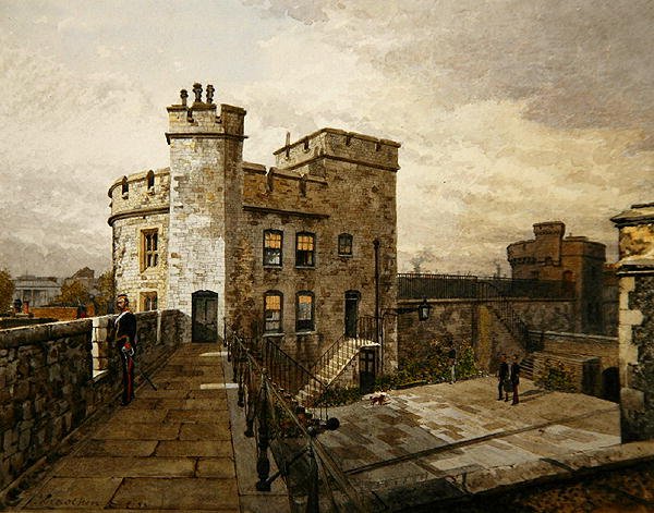Udsigt over Devereux Tower, Tower of London, med figurer i militærbeklædning af John Crowther