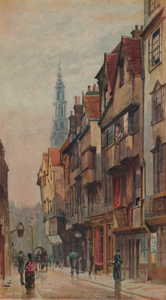 Udsigt over Wych Street, Westminster, med udsigt mod øst fra New Inn gateway, London, c1880 af John Crowther
