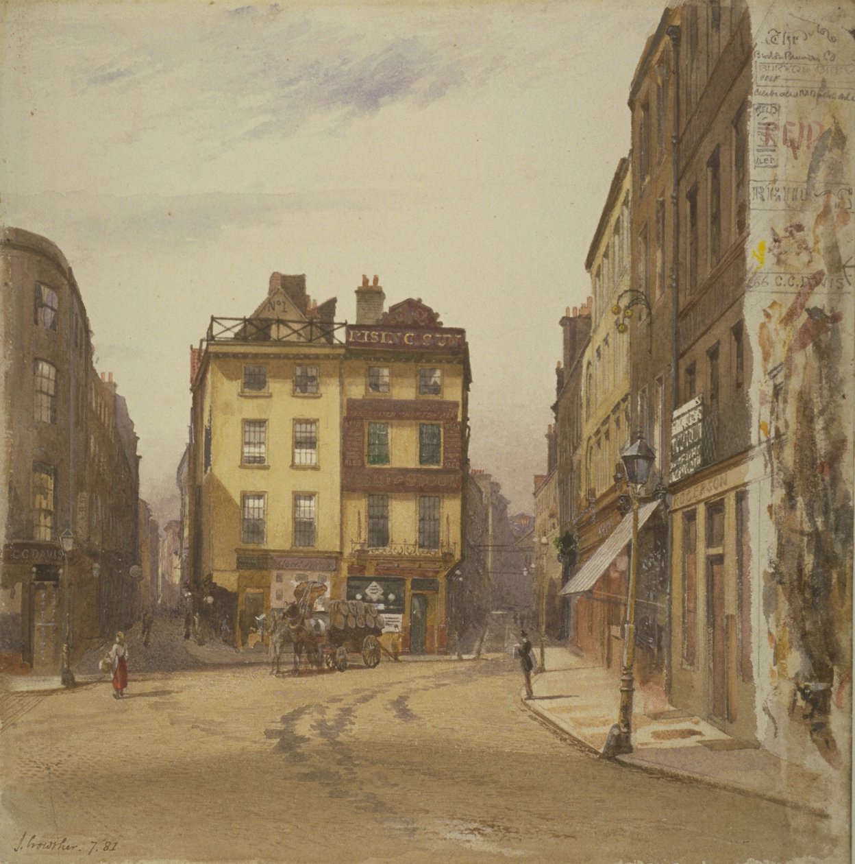 Udsigt over Wych Street og Holywell Street, Westminster, der viser Rising Sun Tavern, 1881 (wc på papir) af John Crowther