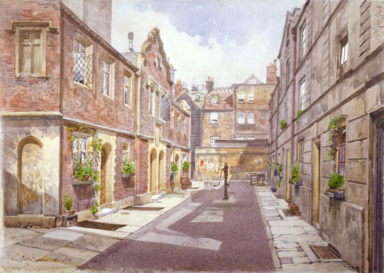 Udsigt over almissehuse i Cock Court, Jewry Street, City of London, 1886. af John Crowther