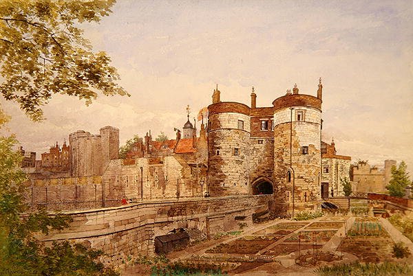 Udsigt over Tower of London, der viser Byward Tower, Beauchamp Tower, Devereux Tower og St. Thomas Tower af John Crowther