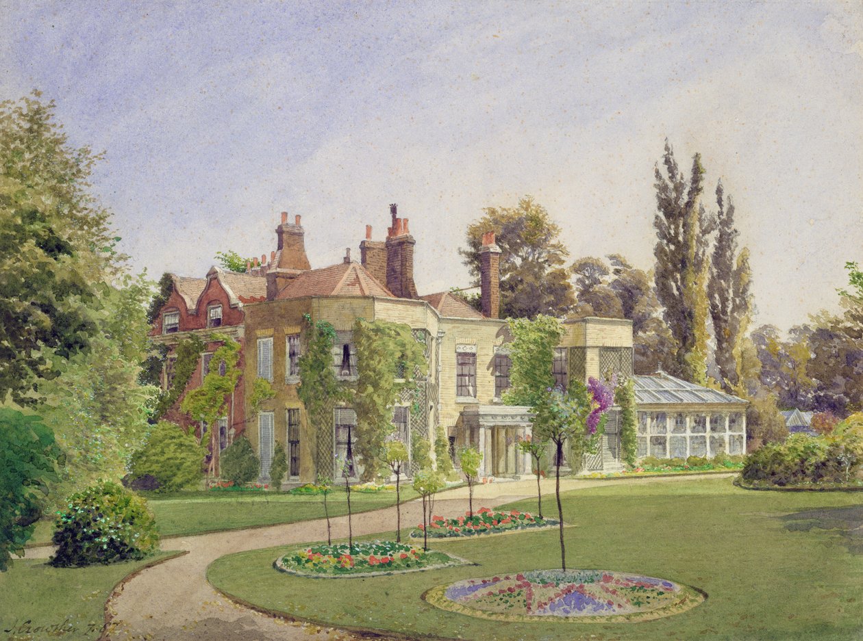 Udsigt over indgangen og haven ved Raleigh House, Brixton Hill, Lambeth, 1887 af John Crowther