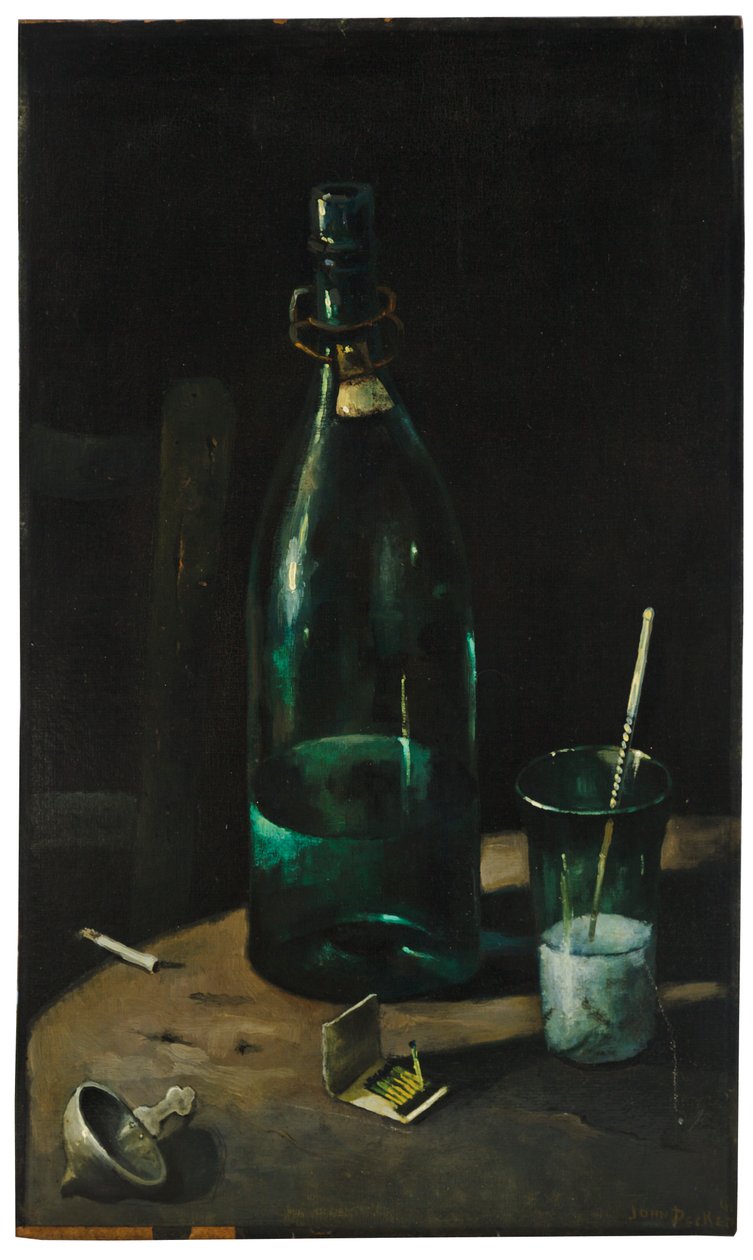 Stilleben med flaske og glas (olie på lærred) af John Decker