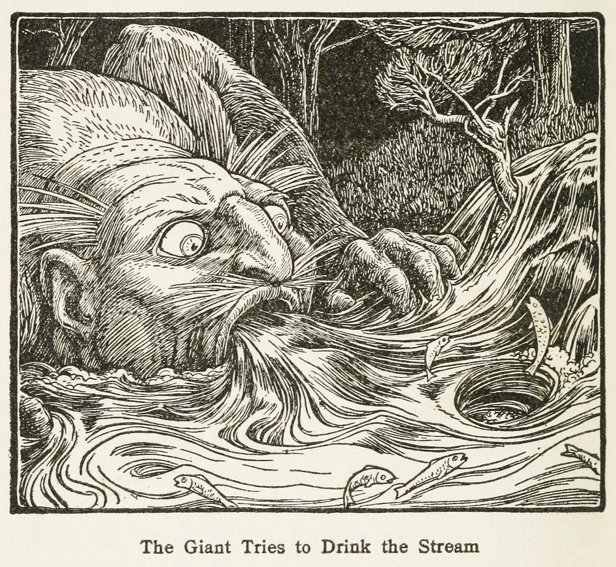 The Giant Trys to Drink the Stream, fra Europas Fairy Book, pub. 1916 (gravering) af John Dickson Batten