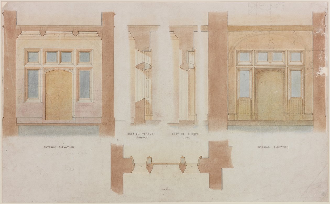 Elevation, snit og plan af hovedindgangen til Holme Eden (blæk og akvarel på papir (på papir)) af John Dobson