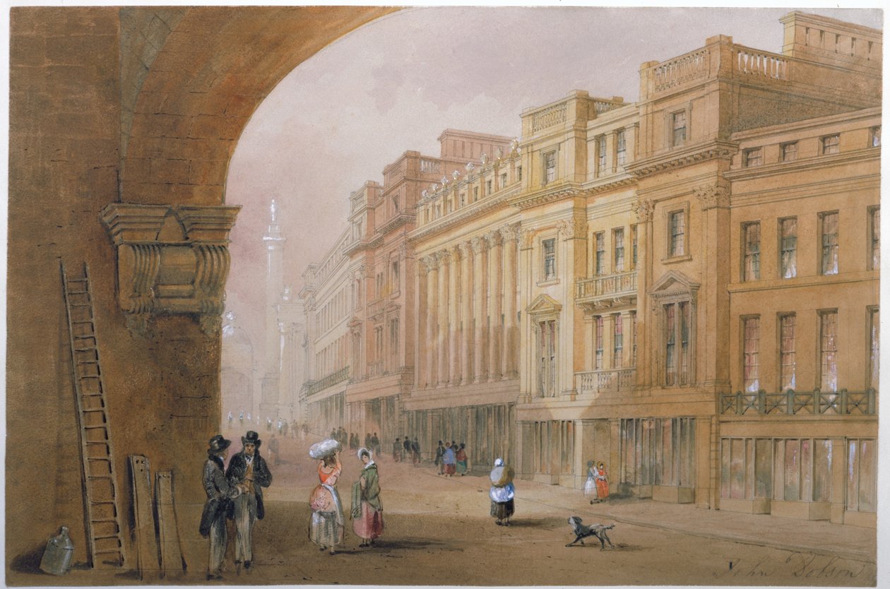 Udsigt over Grey Street, Newcastle upon Tyne (bc, blæk og wc på papir) af John Dobson