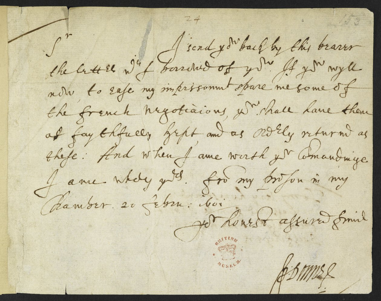 Cotton Julius C. III, f.153 Autografbrev fra John Donne til Sir Robert Cotton, skrevet fra fængslet, 20. februar 1601 (blæk på papir) af John Donne