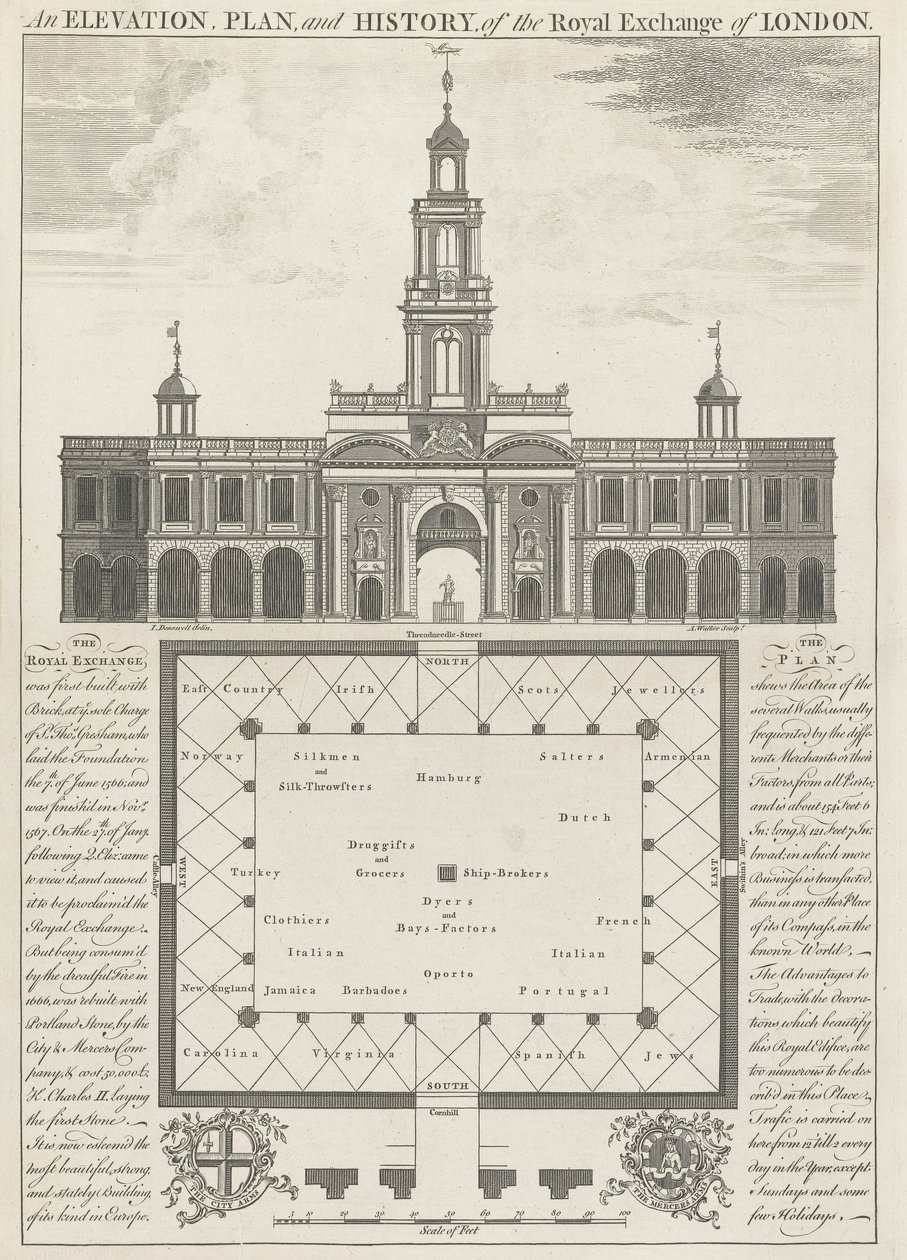 En højde, plan og historie af Royal Exchange of London af John Donowell
