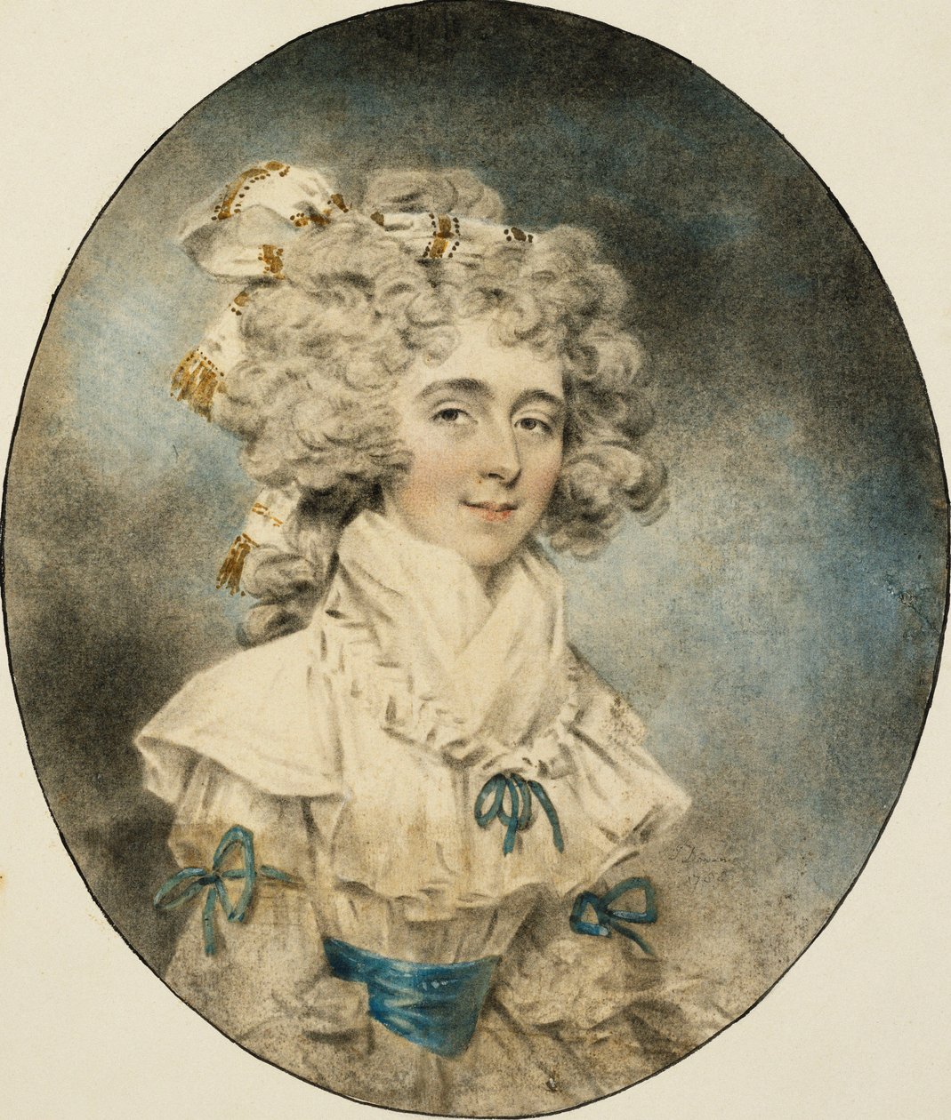 Portræt af fru Fisher, halv længde, i en hvid kjole prydet med blå bånd, 1788 af John Dowman
