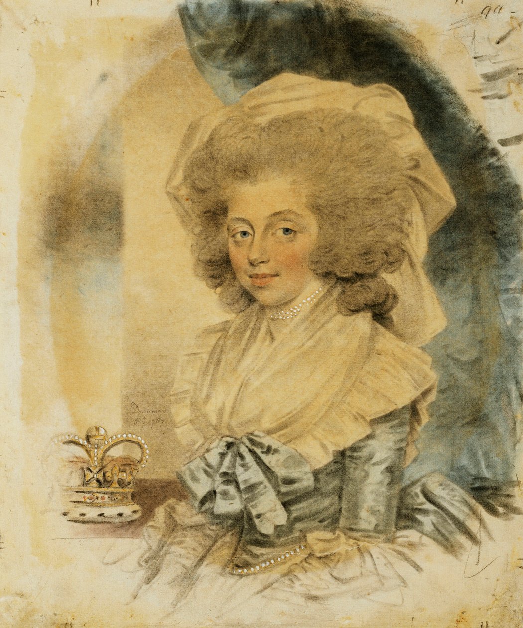 Portræt af dronning Charlotte, lille halvlængde iført en blå og hvid kjole, hendes krone ved siden af hende, 1787 af John Dowman