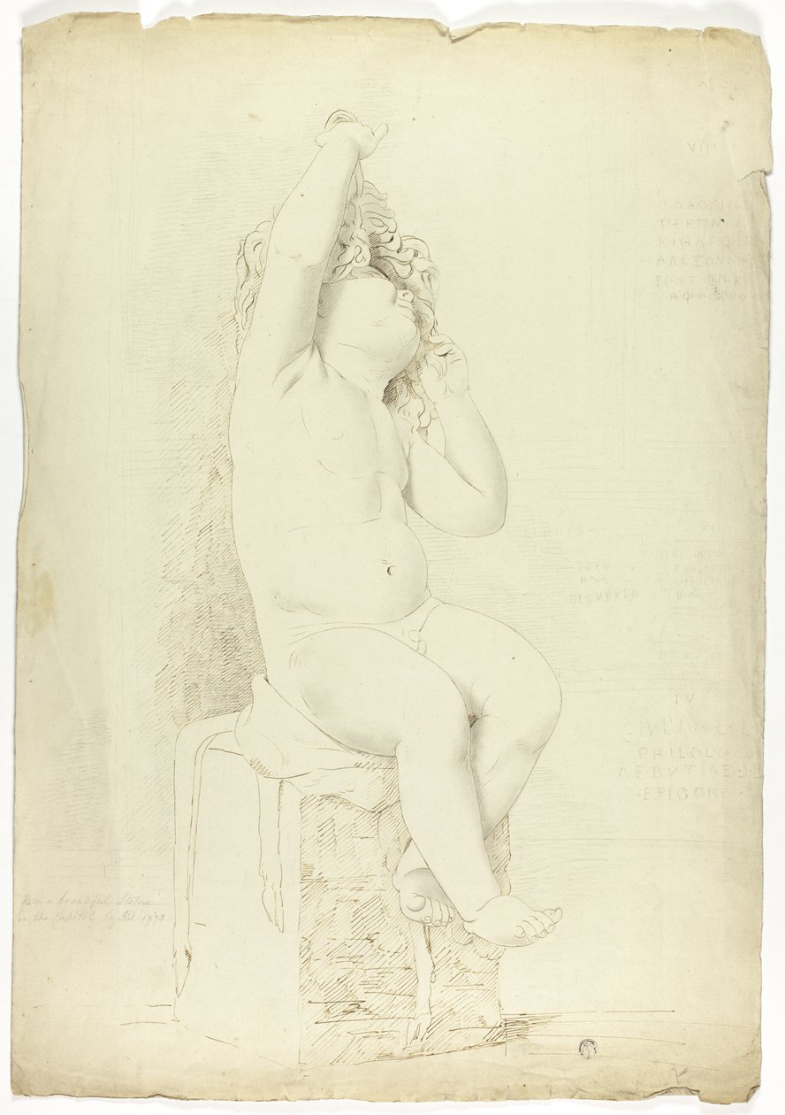 Gammel statue af siddende Putto, der leger med maske af John Downman