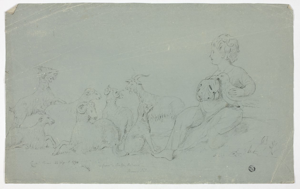 Antik bas-relief med siddende dreng, der holder falk og ledsaget af hund, får og geder af John Downman
