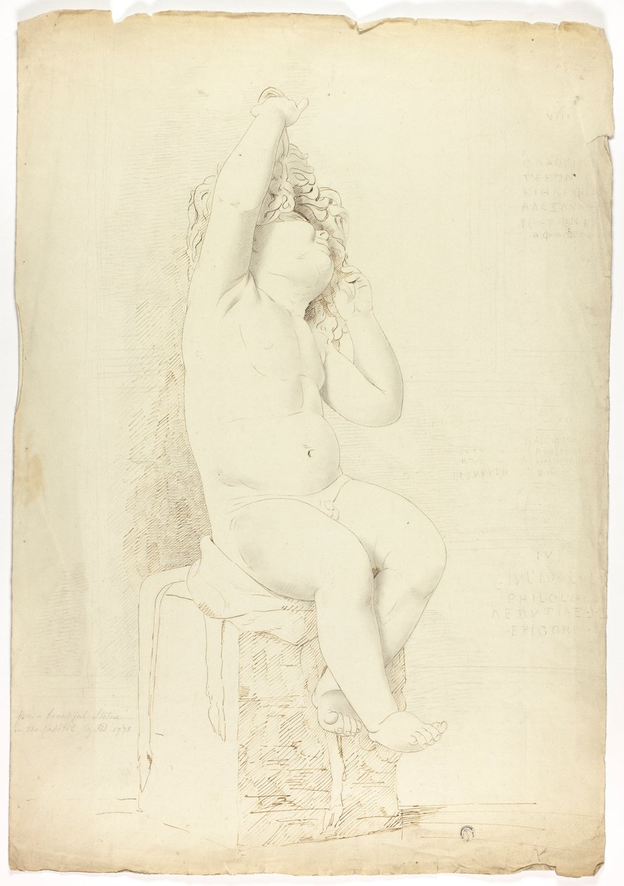 Gammel statue af siddende Putto, der leger med maske af John Downman
