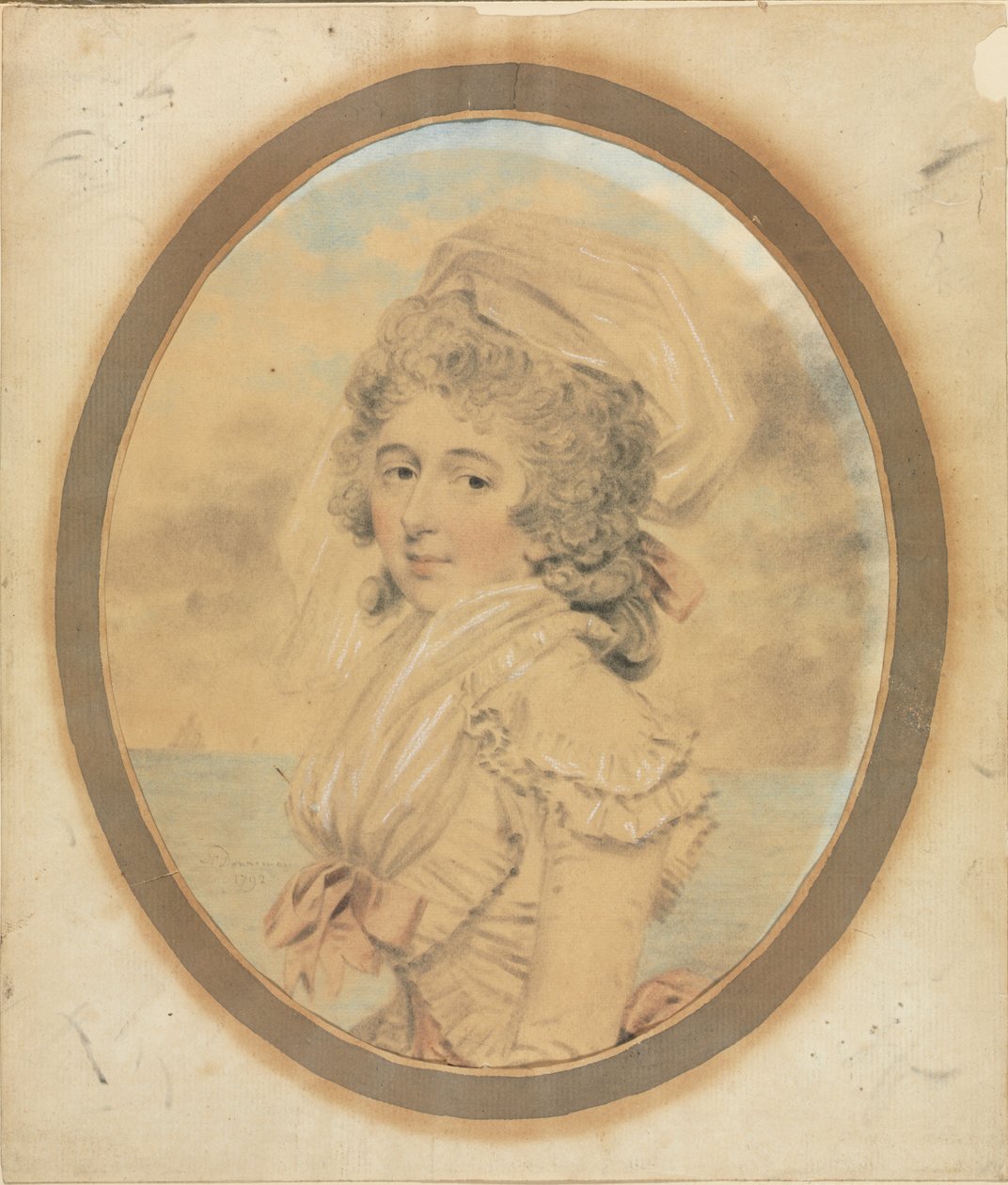 Ung dame med en lyserød sløjfe på hendes bodice, 1792. af John Downman