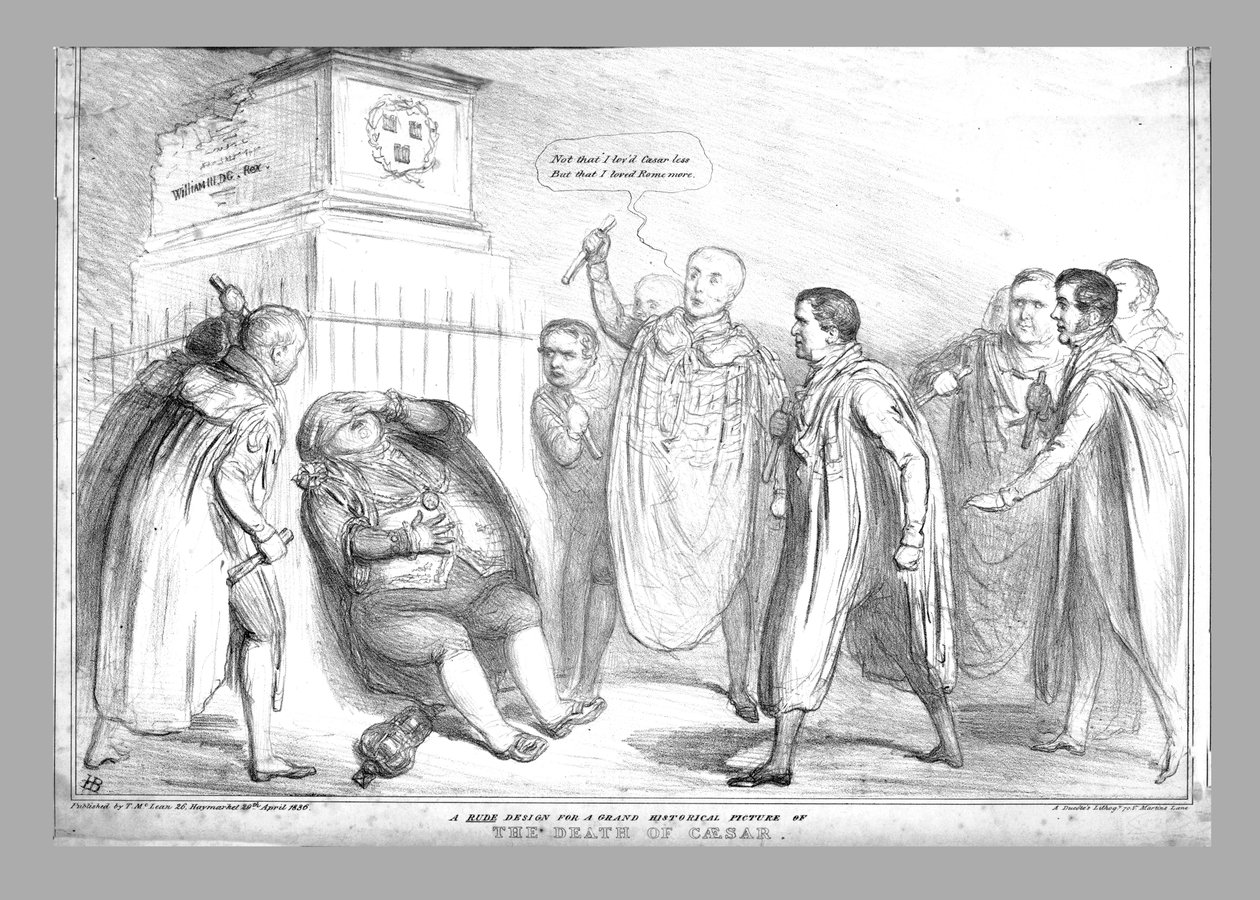 Et uhøfligt design til et storslået historisk billede af Cæsars død, 1836. af John Doyle