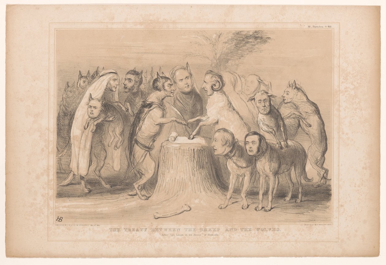 Pagt mellem de wolven og de schapen Traktaten mellem fårene og ulvene. Efter Les Loups et les Brevis af Granville (titel på objekt) HB Sketches (serietitel på objekt) af John Doyle