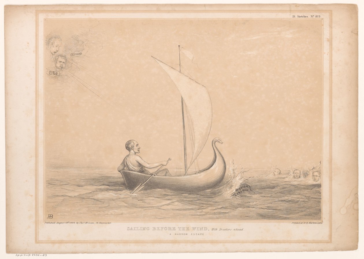 Spotprent mødte Lord Russell i en støvle Sejler for vinden, Med Breakers forude. En smal flugt (titel på objekt) HB Sketches (serietitel på objekt) af John Doyle