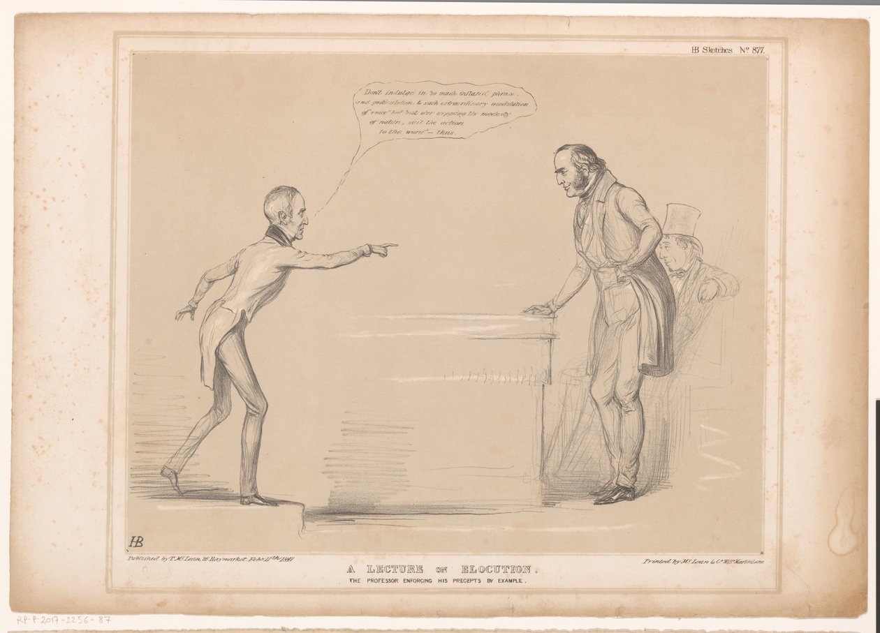 Spotprent mødte Roebuck og Lord Bentinck Et foredrag om elokution. Professoren håndhæver sine forskrifter ved eksempel (titel på objekt) HB Sketches (serietitel på objekt) af John Doyle