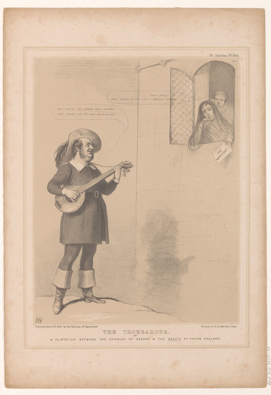 Spotprent mødte Sir Robert Inglis som troubadour Trubaduren, eller en flirt mellem Oxfords ridderlighed og det unge Englands skønhed (titel på objektet) HB Sketches (serietitel på objekt) af John Doyle