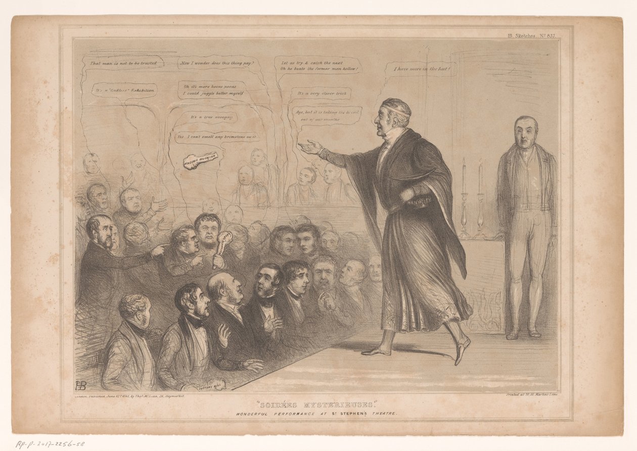 Spotprent mødte Sir Robert Peel som goochelaar Soirées mysterier. Vidunderlig forestilling på St. Stephens teater (titel på objekt) HB Sketches (serietitel på objekt) af John Doyle