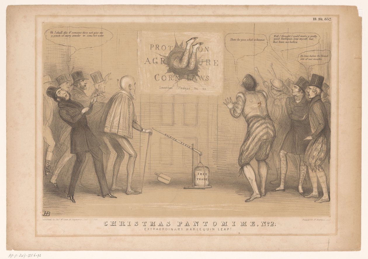 Tegnefilm med premierminister Peel som Harlekin Julepantomime, nr. 2. Ekstraordinært harlekinspring! (titel på objekt) HB Sketches (serietitel på objekt) af John Doyle