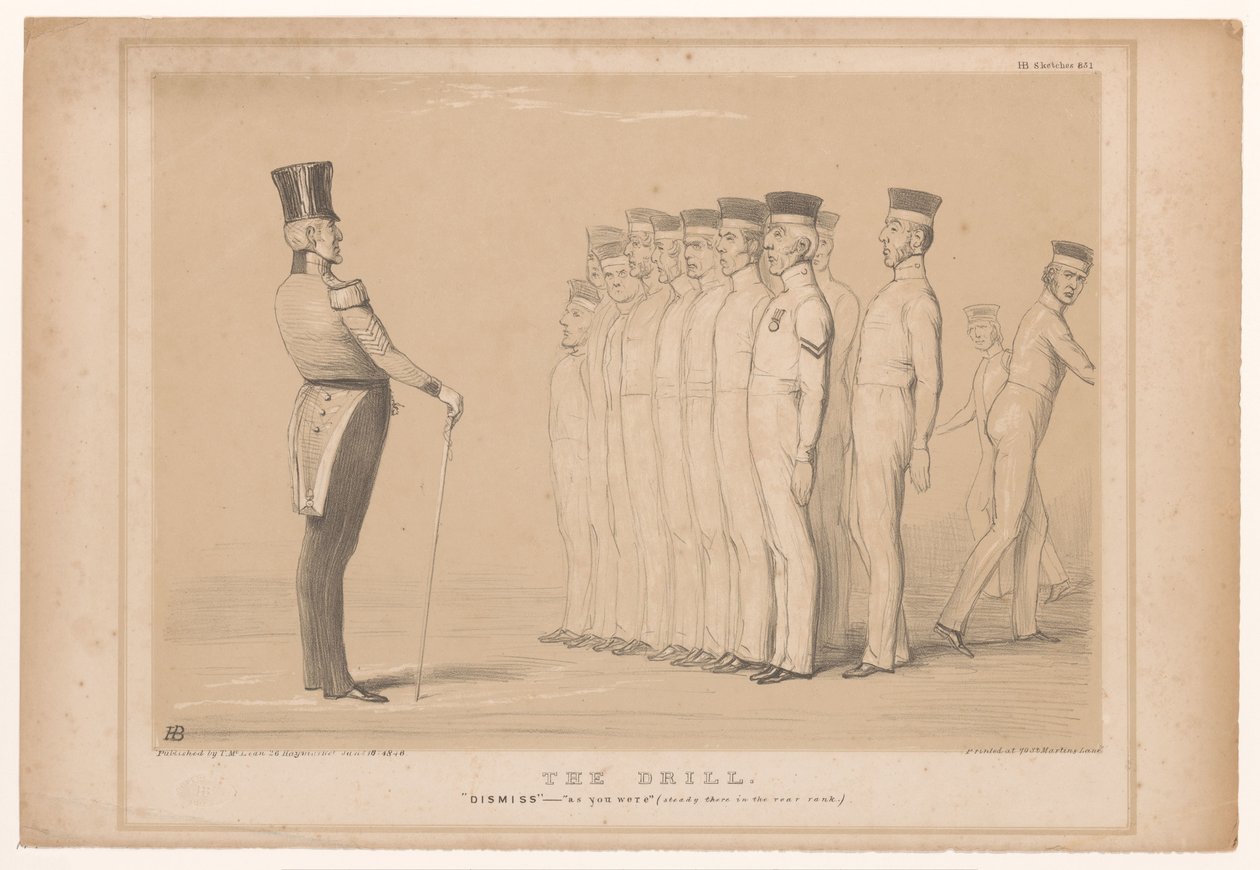 Spotprent mødte premier Peel als militaire instruktør Boret. Afvis - som du var (stabil der i bagerste række.) (titel på objekt) HB Sketches (serietitel på objekt) af John Doyle