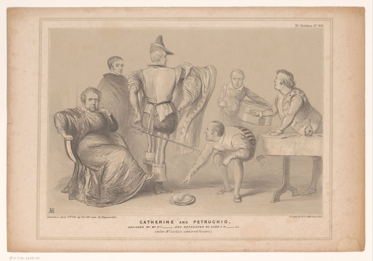 Spotprent mødte premier Robert Peel og Joseph Hume Catherine og Petruchio. Designet af Mr. D