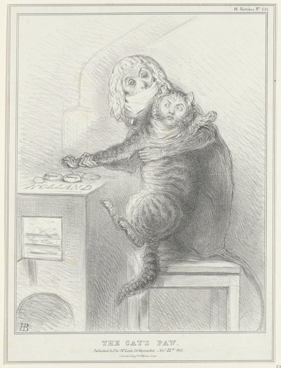 Spotprent på Talleyrand en Palmerston, 1832 Kattens pote (titel på objekt) Politiske skitser (serietitel) af John Doyle